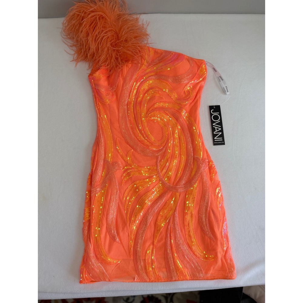 Jovani Cocktail Dress 36713 Orange One Shoulder Feather Sequin Mini Homecoming